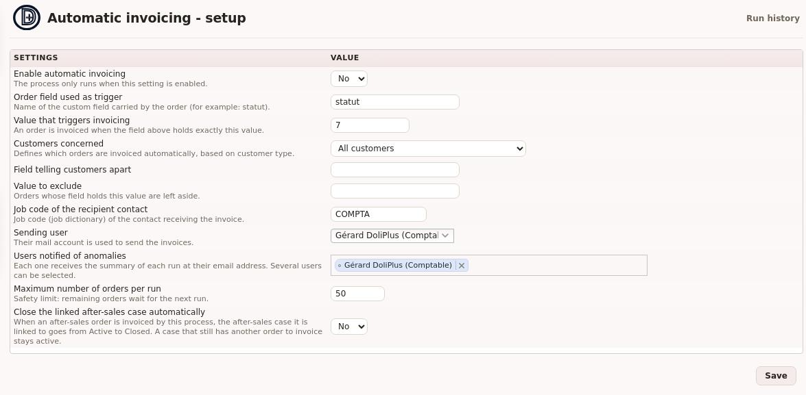 Automatic order invoicing: the setup screen in DoliPlus