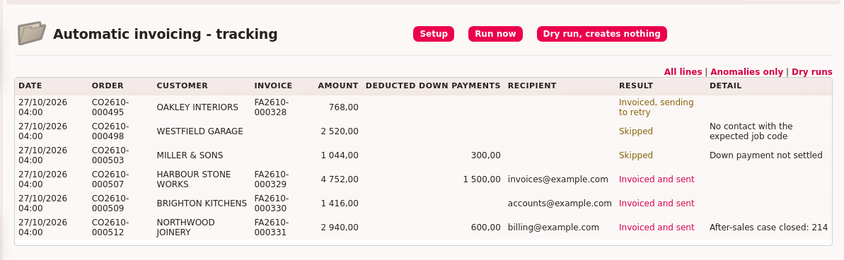 Automatic order invoicing: the run tracking screen in DoliPlus