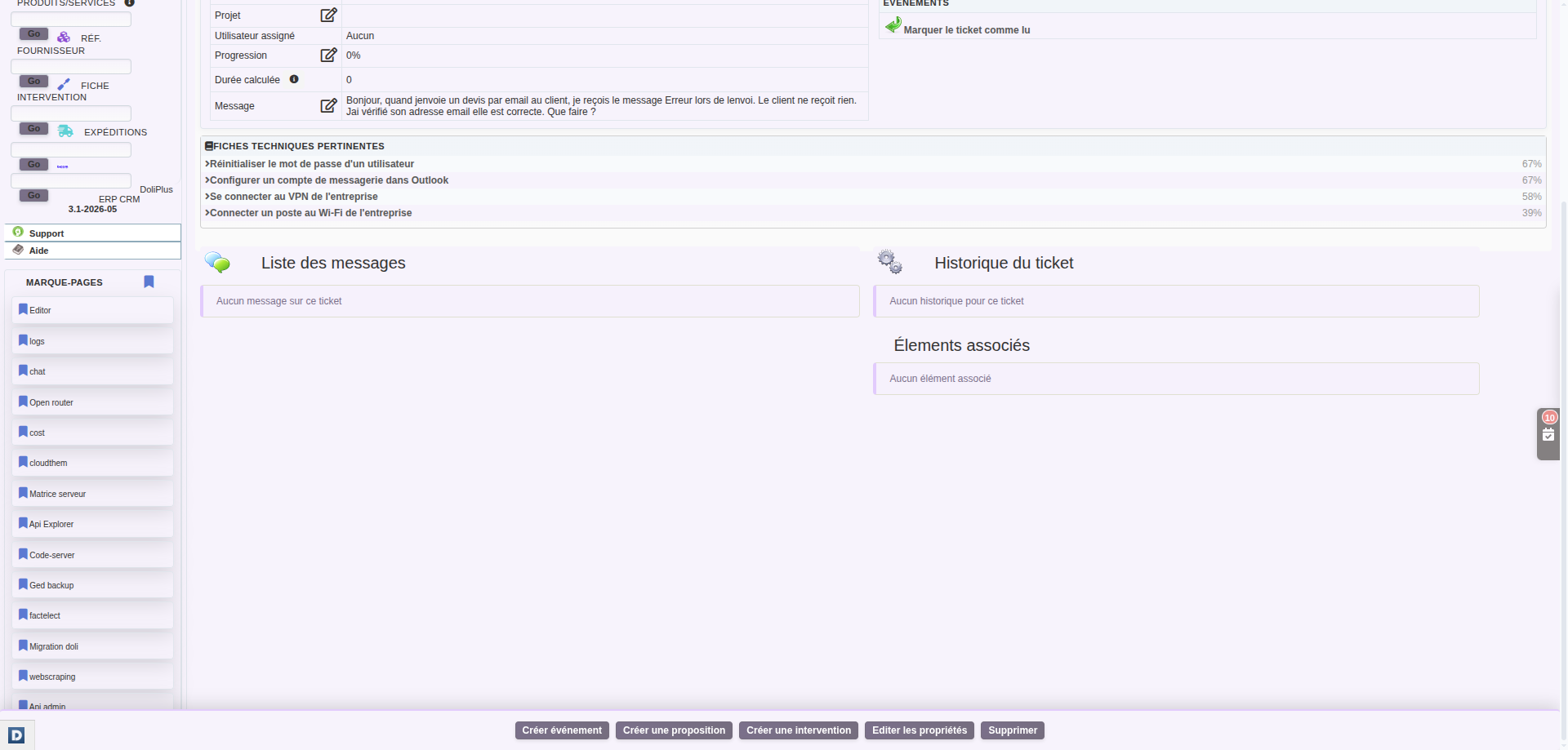 Base de connaissance technique : fiches sugg&eacute;r&eacute;es automatiquement sur un ticket dans DoliPlus