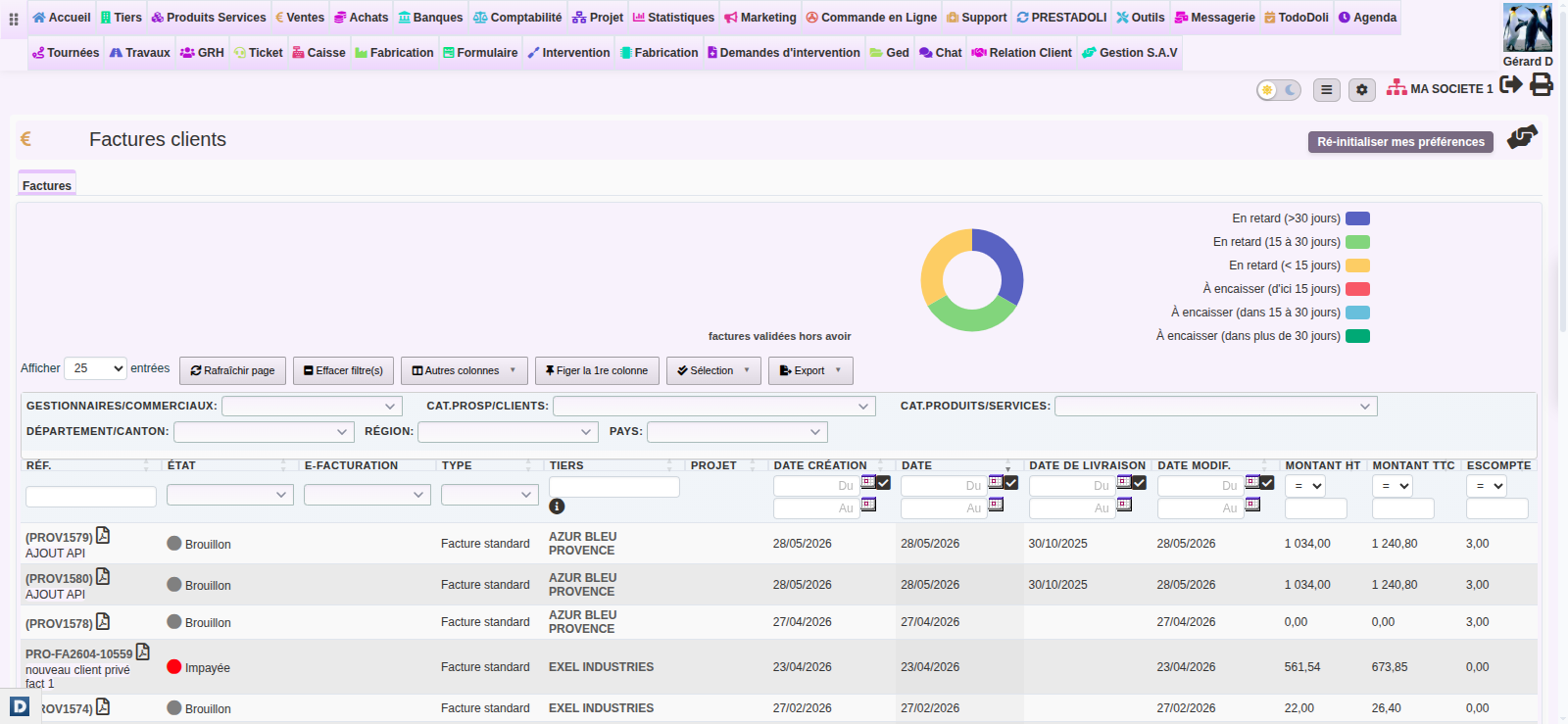Facture client dans DoliPlus : liste des factures et suivi des encaissements