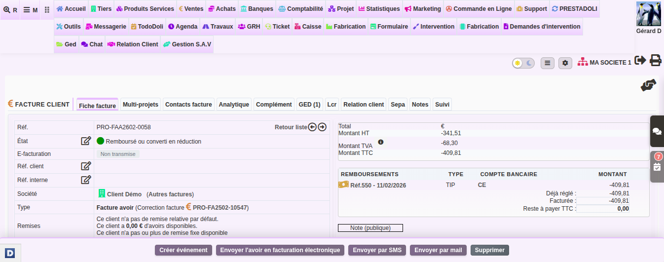 facture d&rsquo;avoir dans DoliPlus : correction d&rsquo;une facture initiale