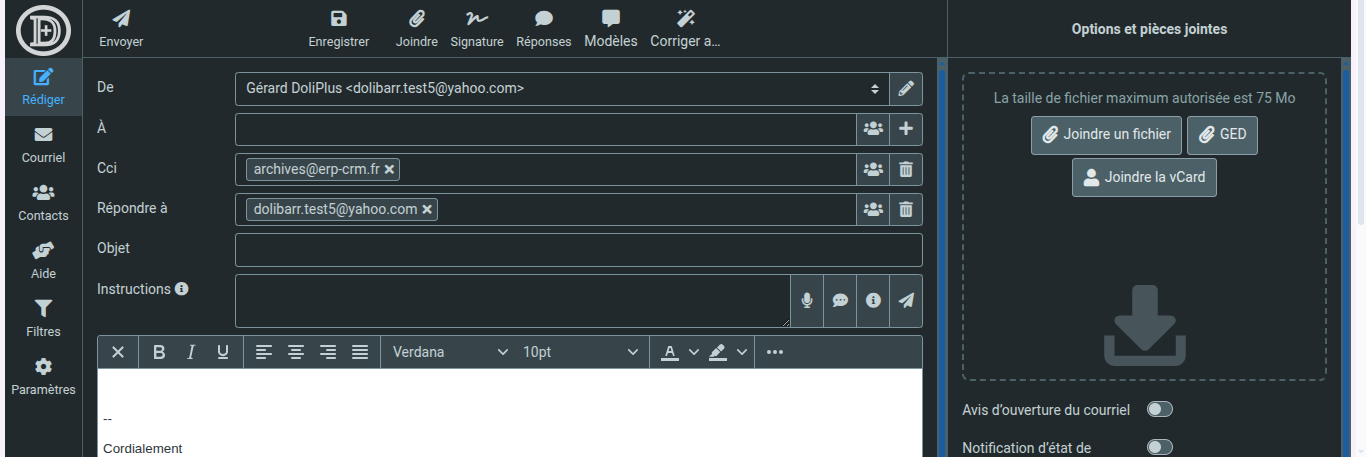 Webmail Roundcube : composition d'un e-mail avec l'assistant IA
