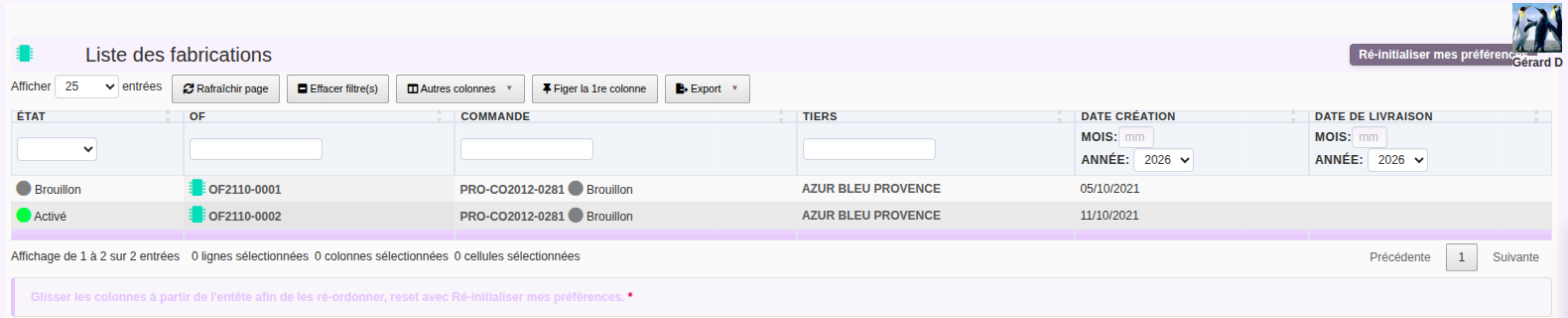 Liste des fabrications du logiciel de production DoliPlus