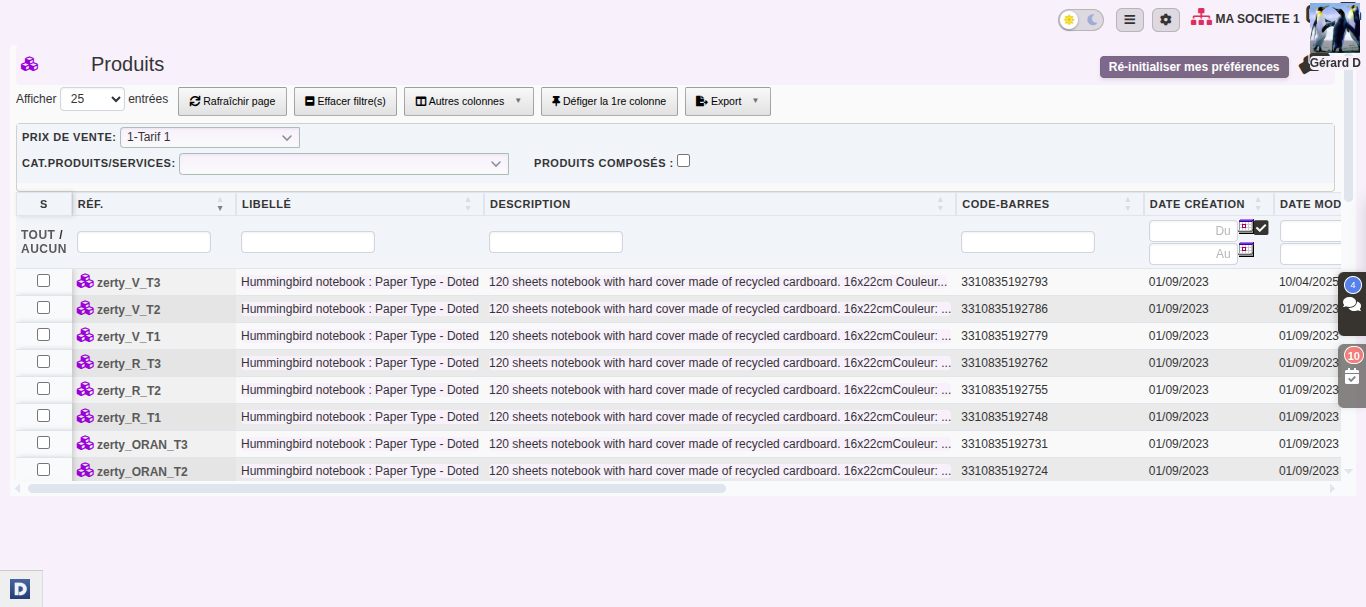 Liste de gestion des produits dans DoliPlus