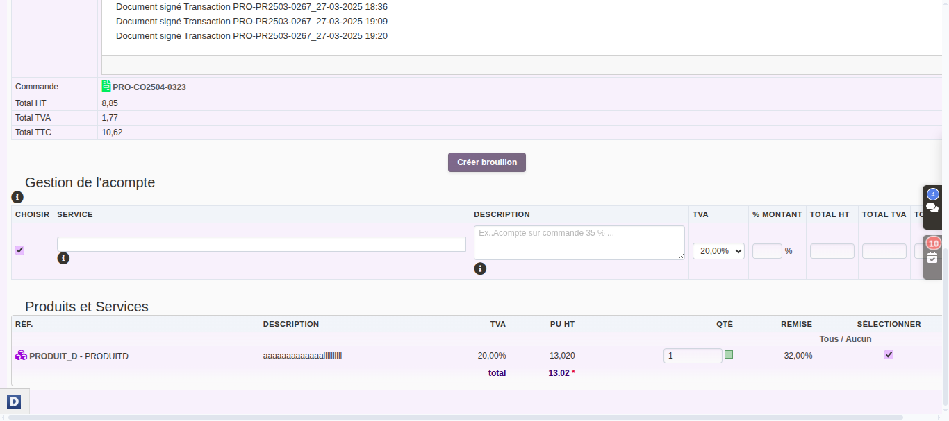 Interface de la facture d&rsquo;acompte mono ligne dans DoliPlus