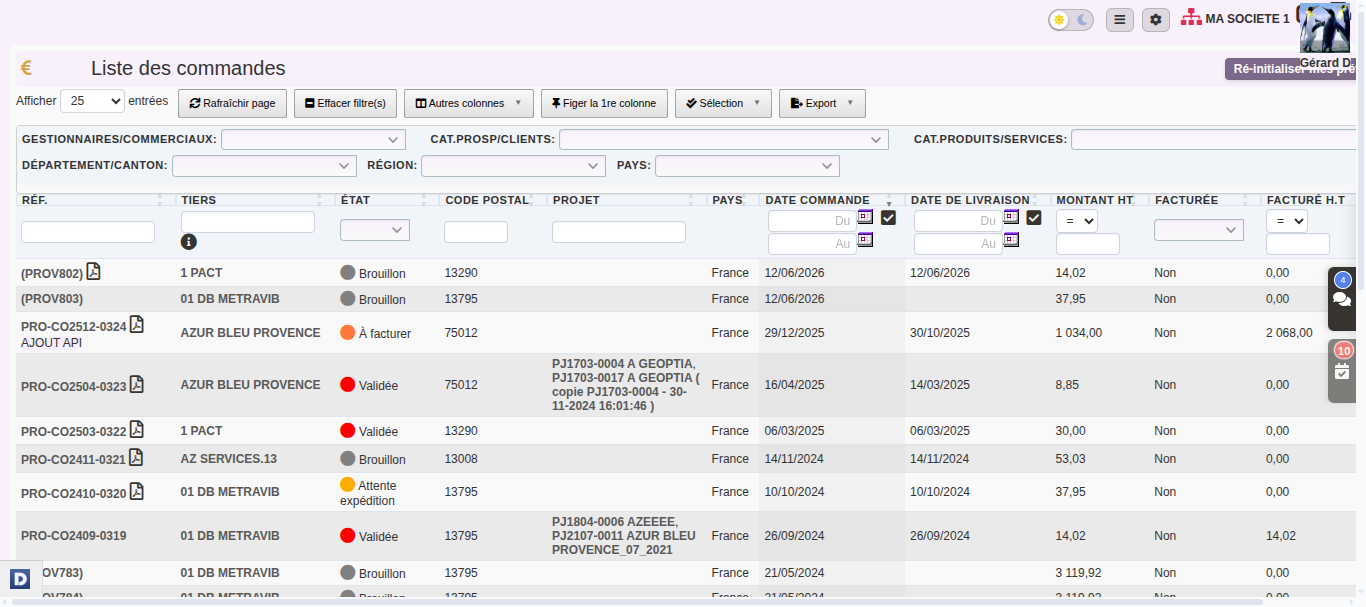 Liste des commandes client dans DoliPlus