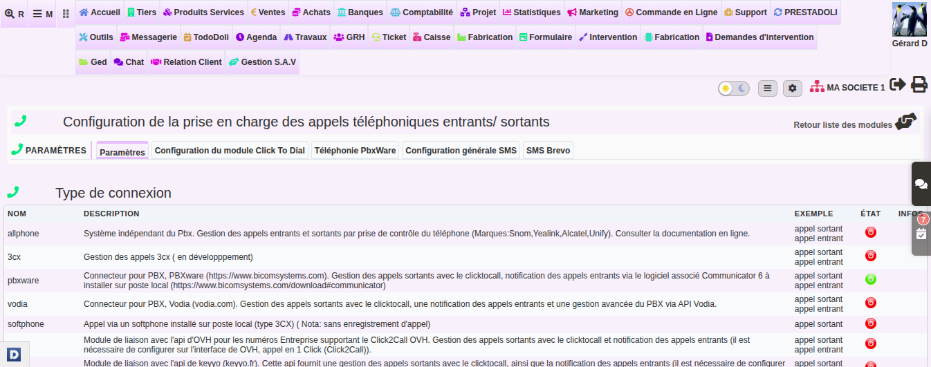 module de t&eacute;l&eacute;phonie CTI : configuration des appels entrants et sortants dans DoliPlus