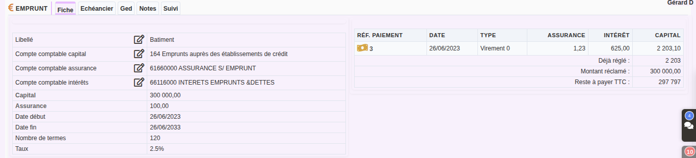 Gestion des emprunts dans DoliPlus : fiche d'un emprunt avec capital, taux et &eacute;ch&eacute;ancier