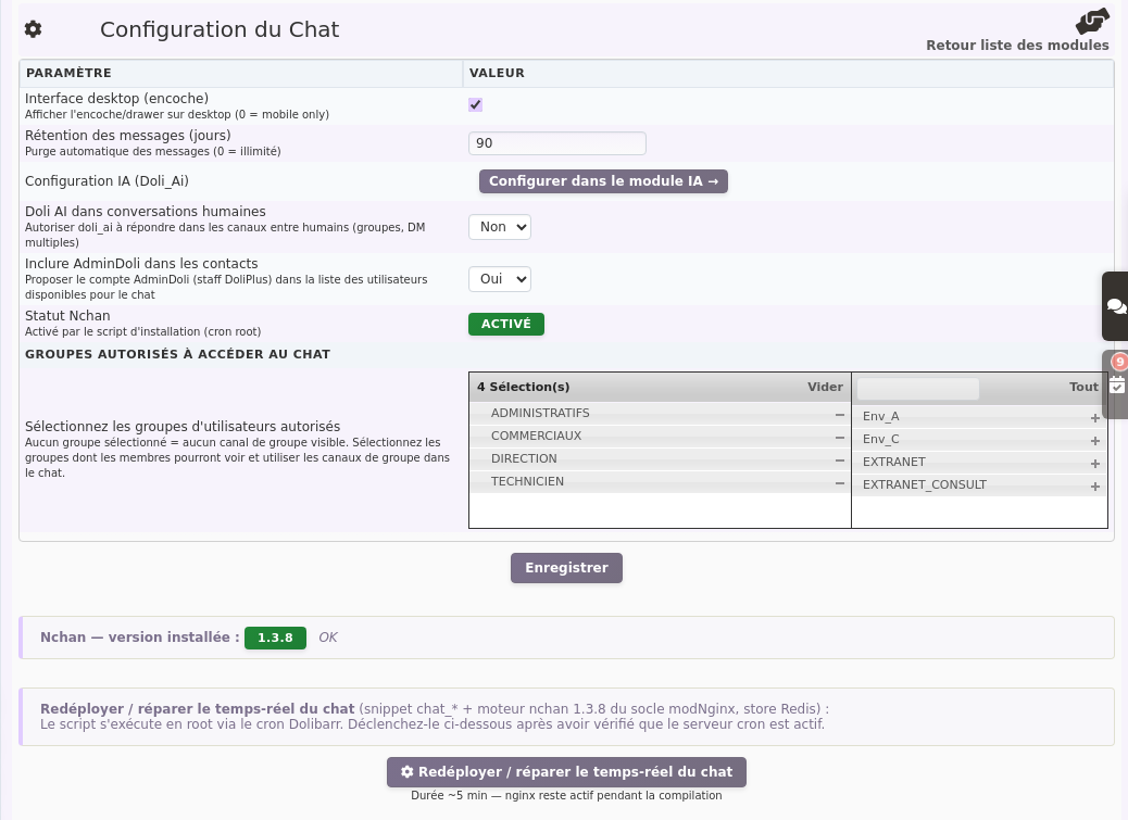 Page de configuration du module Chat DoliPlus : encoche, r&eacute;tention des messages, Doli AI et groupes autoris&eacute;s