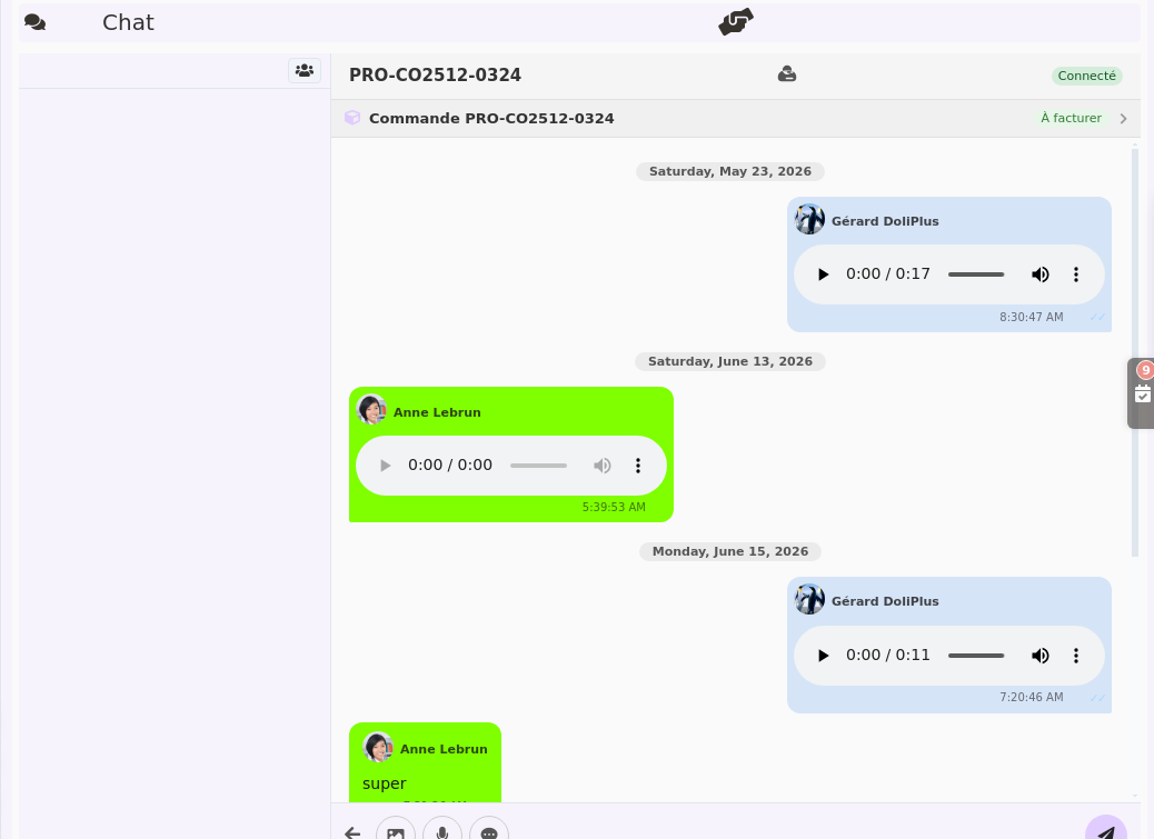 Conversation li&eacute;e &agrave; une commande client dans le chat DoliPlus, avec r&eacute;capitulatif du dossier et messages en temps r&eacute;el