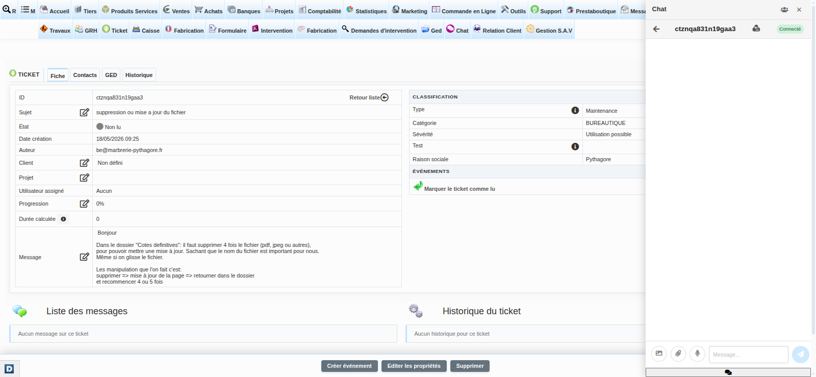 Panneau Chat ouvert sur la fiche d'un ticket TicketSup