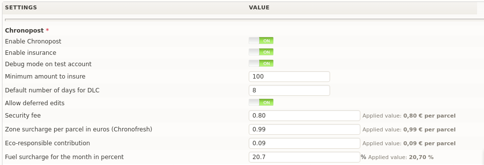 shipping label software settings in DoliPlus with the carrier surcharges applied per parcel
