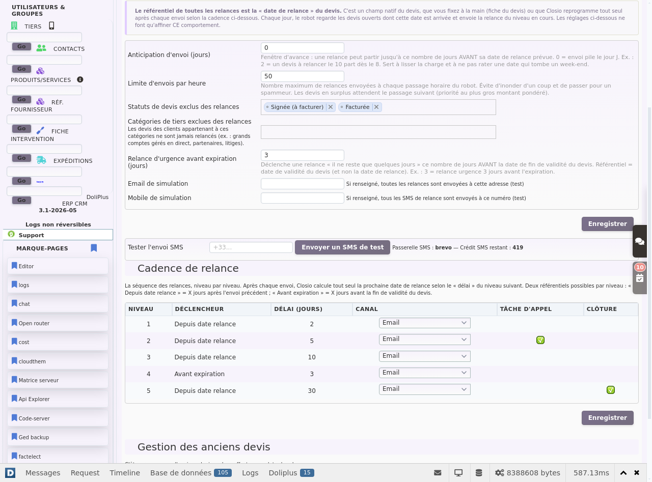 Relance de devis automatique : onglet R&eacute;glages et r&eacute;f&eacute;rentiel date de relance dans DoliPlus