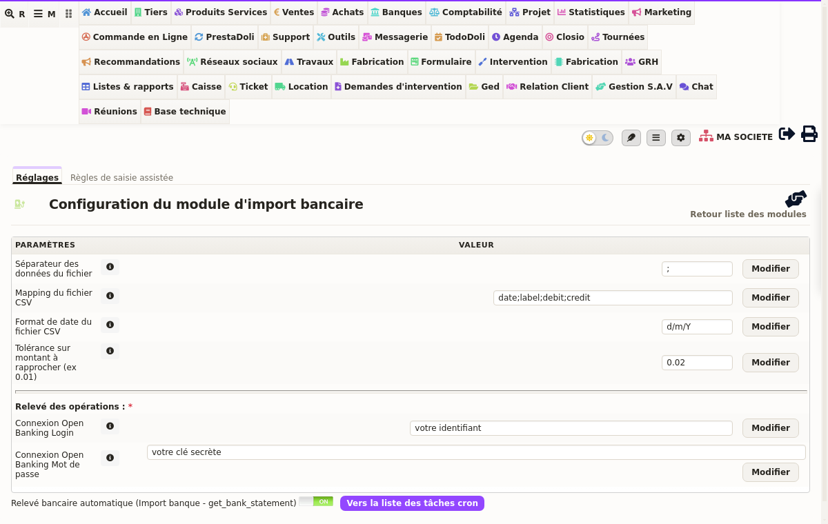importazione degli estratti conto: schermata di configurazione del modulo in DoliPlus