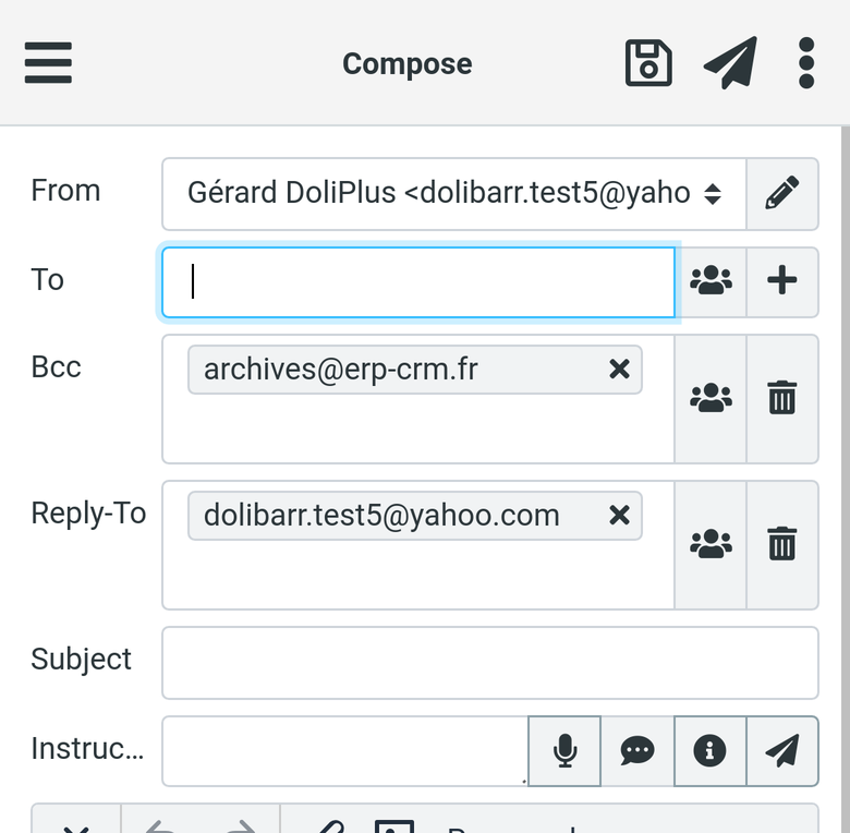 CRM with integrated email on a phone: Save and Send buttons at the top of the compose screen