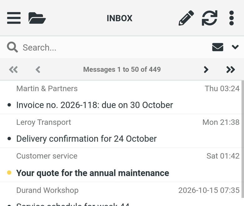CRM with integrated email on a phone: compose pencil and page navigation at the top of the list
