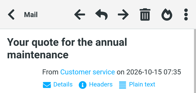 CRM with integrated email on a phone: previous, reply, next, delete and spam in the top bar