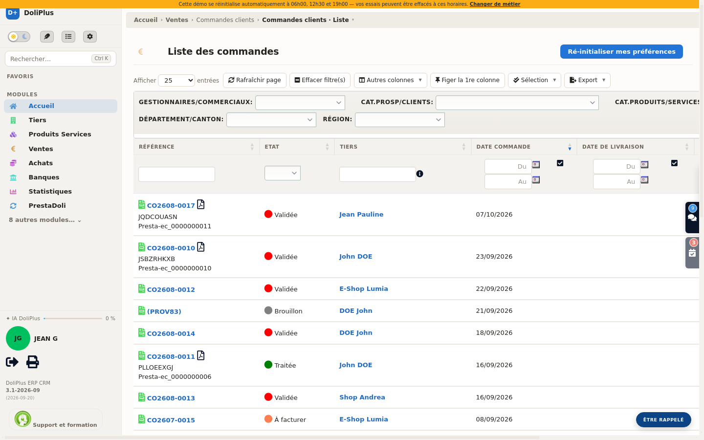 Liste des commandes DoliPlus montrant les commandes import&eacute;es depuis la boutique PrestaShop de d&eacute;monstration, avec leur r&eacute;f&eacute;rence PrestaShop