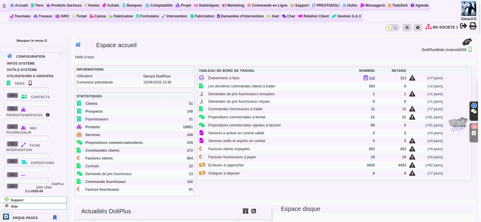 Logiciel de gestion et de pr&eacute;-comptabilit&eacute; DoliPlus : tableau de bord et widgets factures