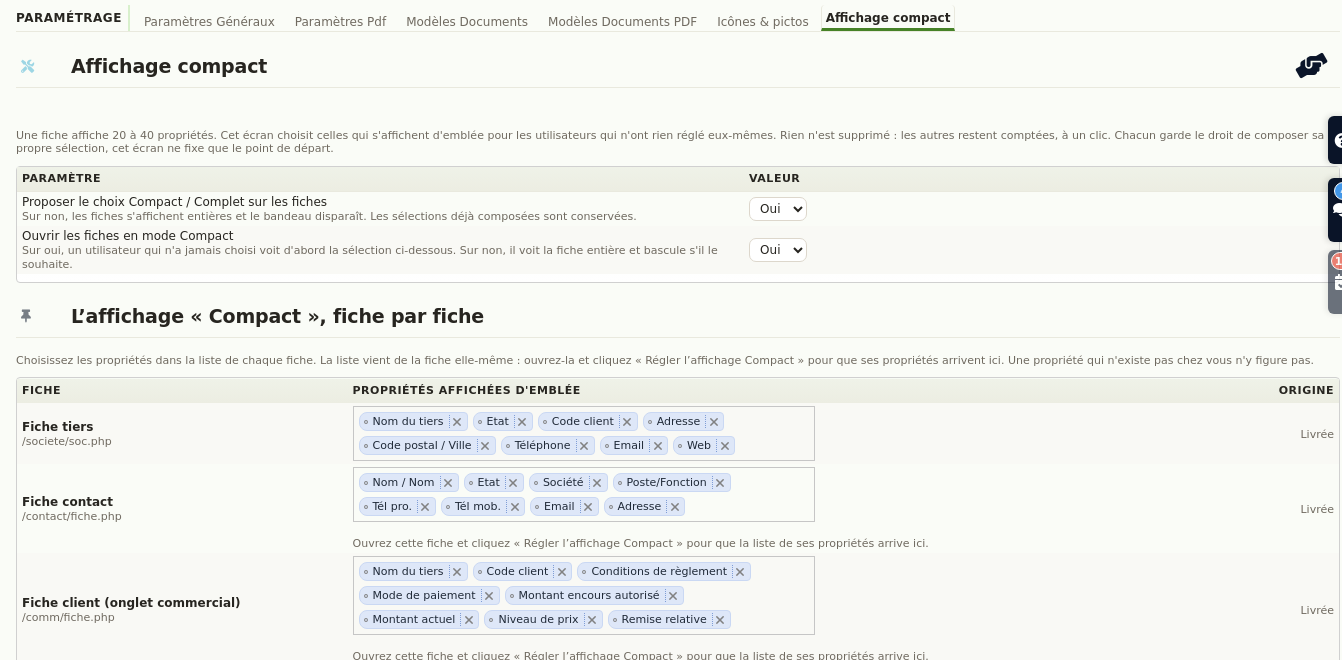 &Eacute;cran de r&eacute;glage administrateur de l&rsquo;affichage compact, fiche par fiche