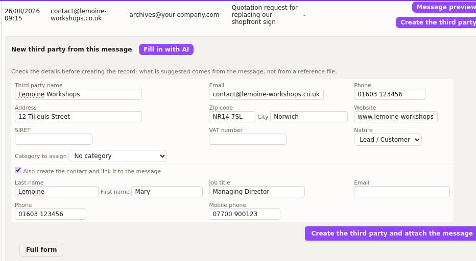 Automatic email archiving: the new customer record pre-filled from the incoming message