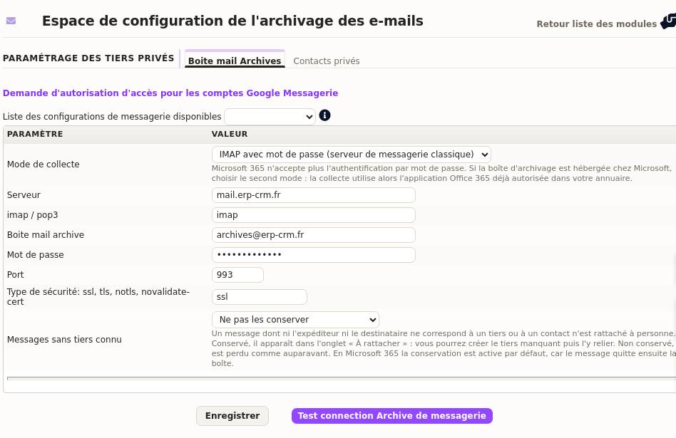 archivage automatique des mails : l&rsquo;&eacute;cran de configuration du module Archives dans DoliPlus