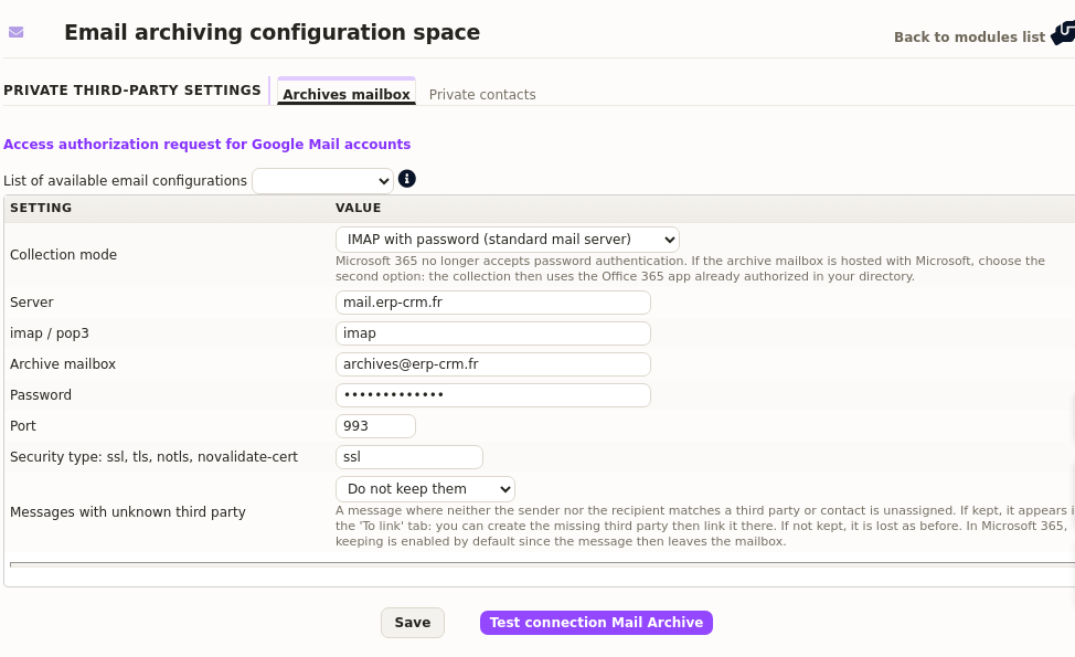 automatic email archiving: the Archives module configuration screen in DoliPlus