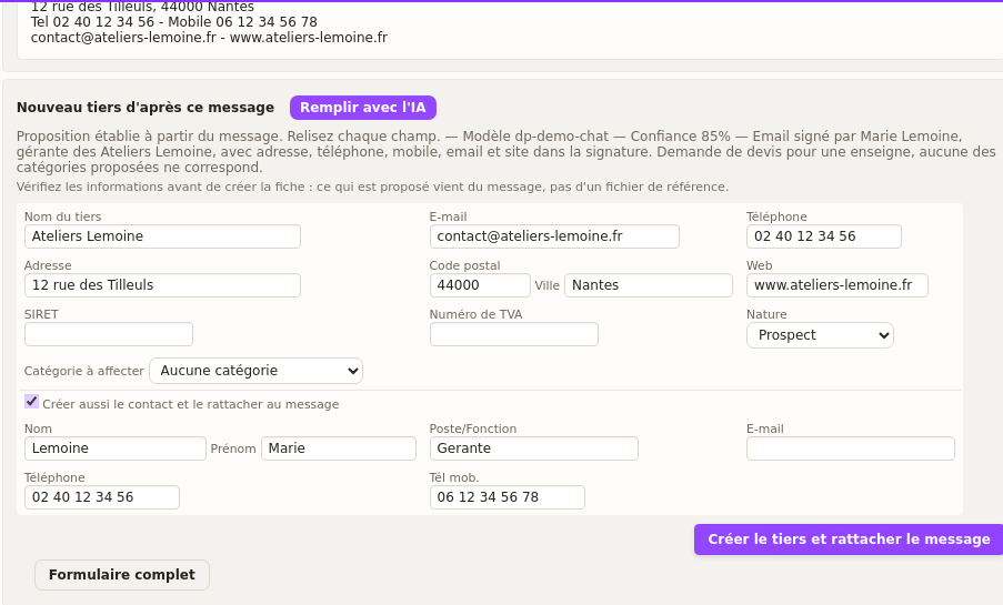 Automatische E-Mail-Archivierung: Das Profil des neuen Kunden, vorausgef&uuml;llt aus der empfangenen Nachricht