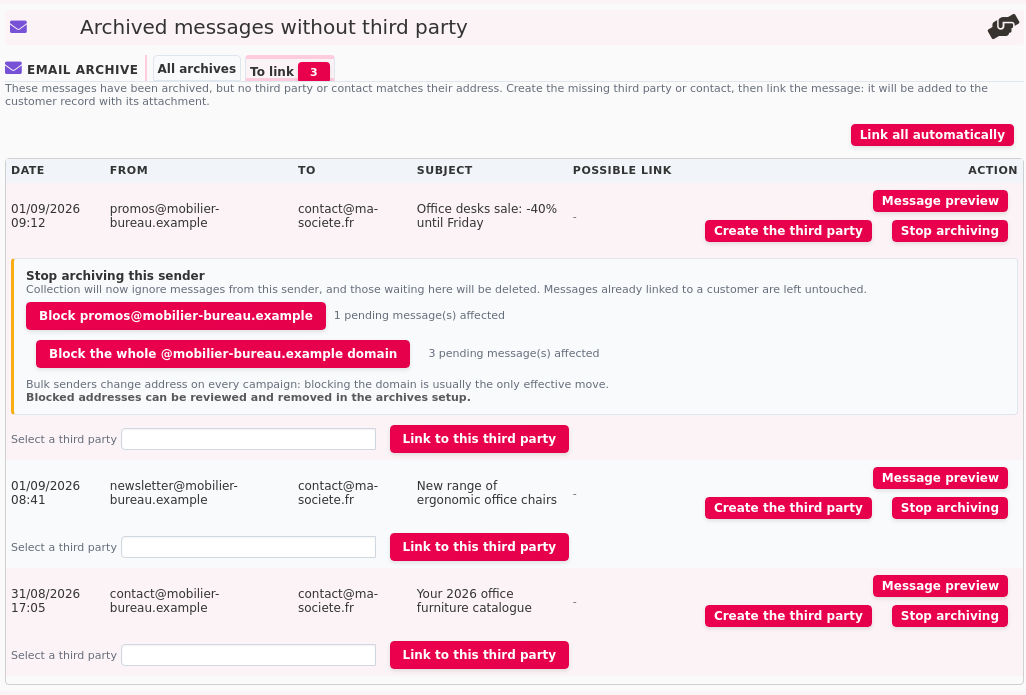 Automatic email archiving: block a bulk sender, by address or by whole domain