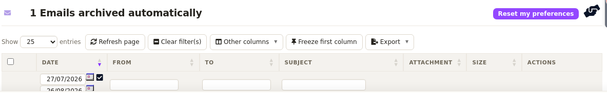 automatic email archiving under the Archives tab of a company record in DoliPlus