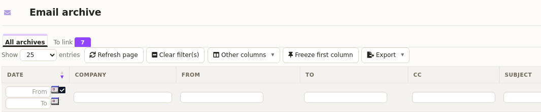 automatic email archiving: the All archives and To link tabs in DoliPlus
