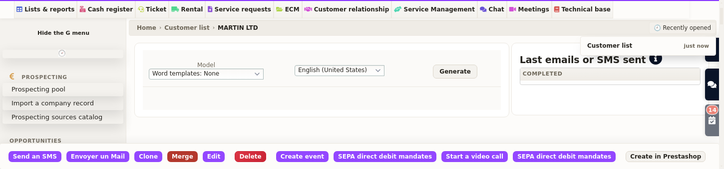 customizable ERP interface: the breadcrumb and the Recently opened menu