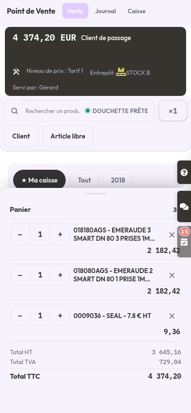 cassa registratrice su telefono: barra carrello in basso e ticket che si dispiega