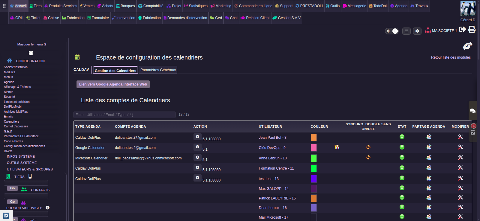 Configuration de l&rsquo;agenda partag&eacute; en ligne : comptes de calendriers DoliPlus