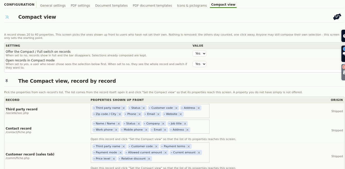 Compact view settings screen for administrators, record by record
