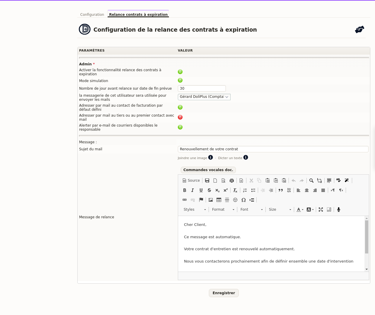 Contratos de servicio: pantalla de configuración del recordatorio automático de vencimientos