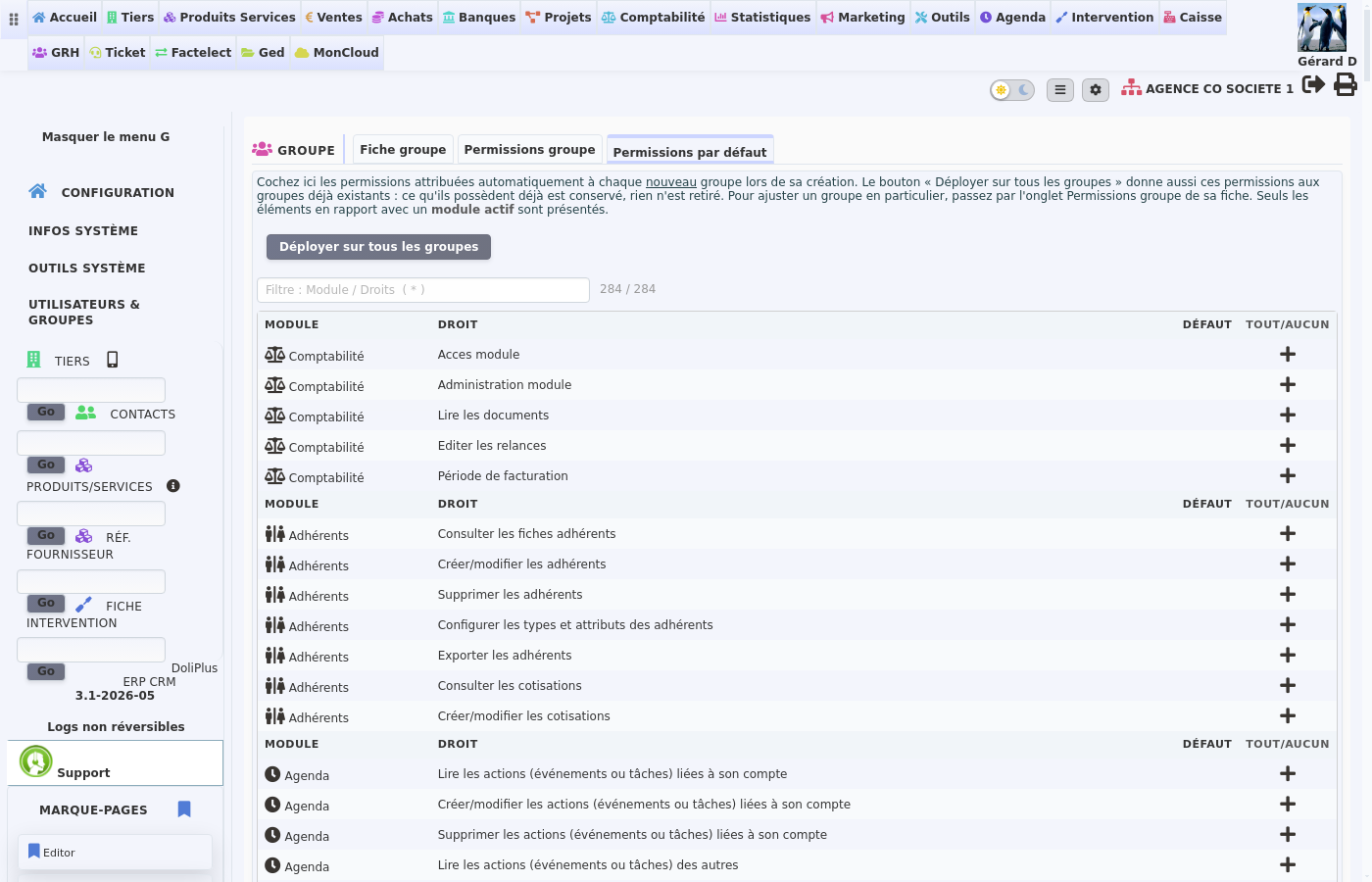 permissions par d&eacute;faut des groupes avec bouton D&eacute;ployer sur tous les groupes