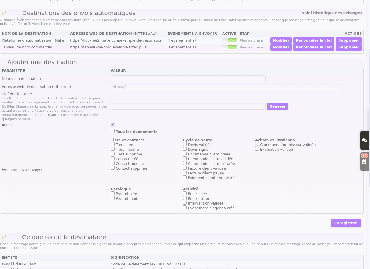 connect your software: configuration page for automatic sends in DoliPlus