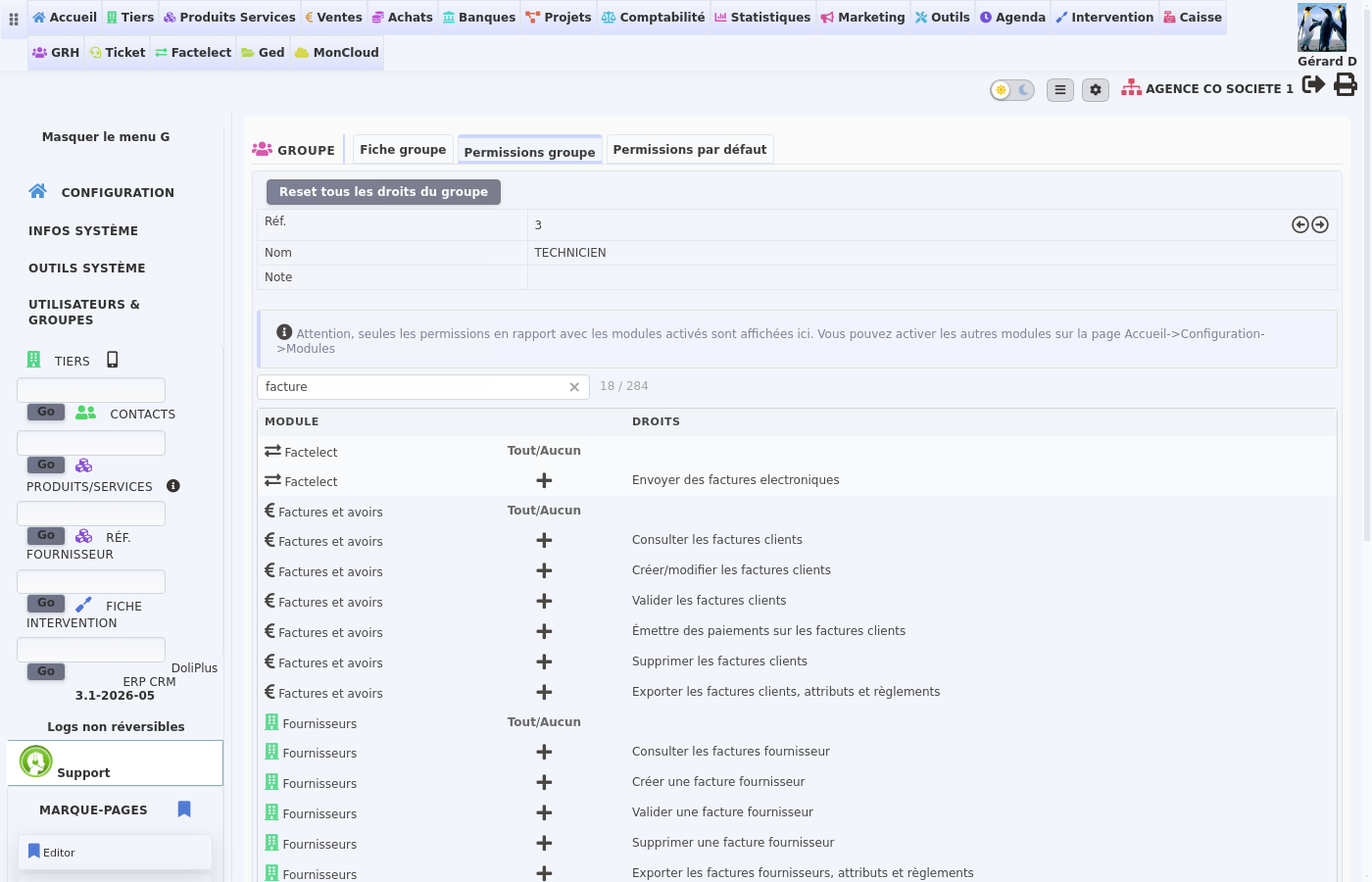 droits d&rsquo;acc&egrave;s des utilisateurs : permissions d&rsquo;un groupe avec filtre et liens Tout/Aucun