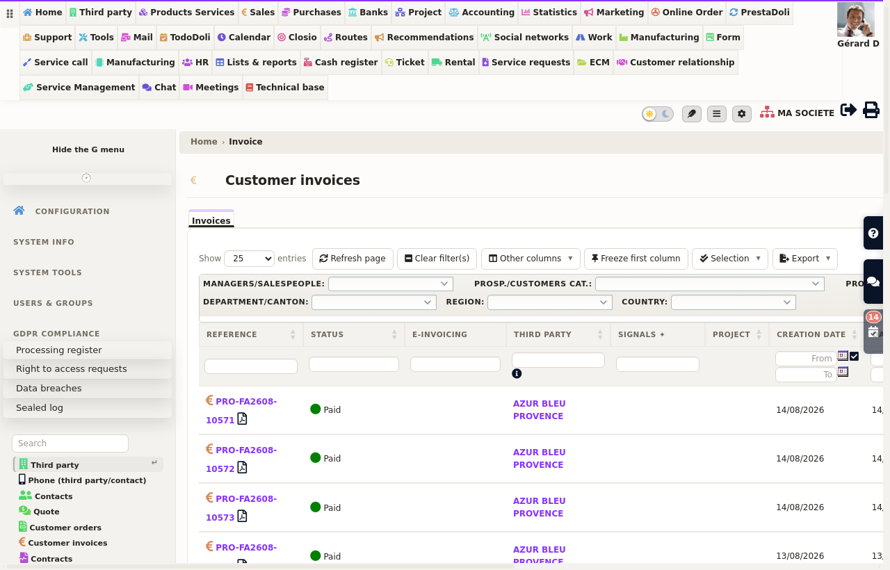 invoice a public administration: e-invoicing status shown on each invoice in DoliPlus