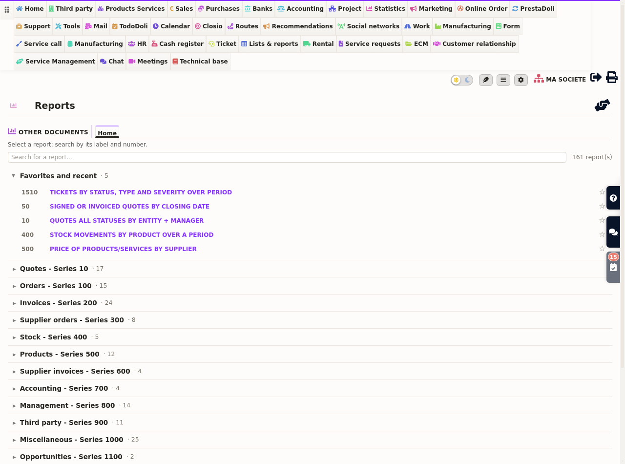 Ready-made business reports: the DoliPlus report catalogue grouped by series