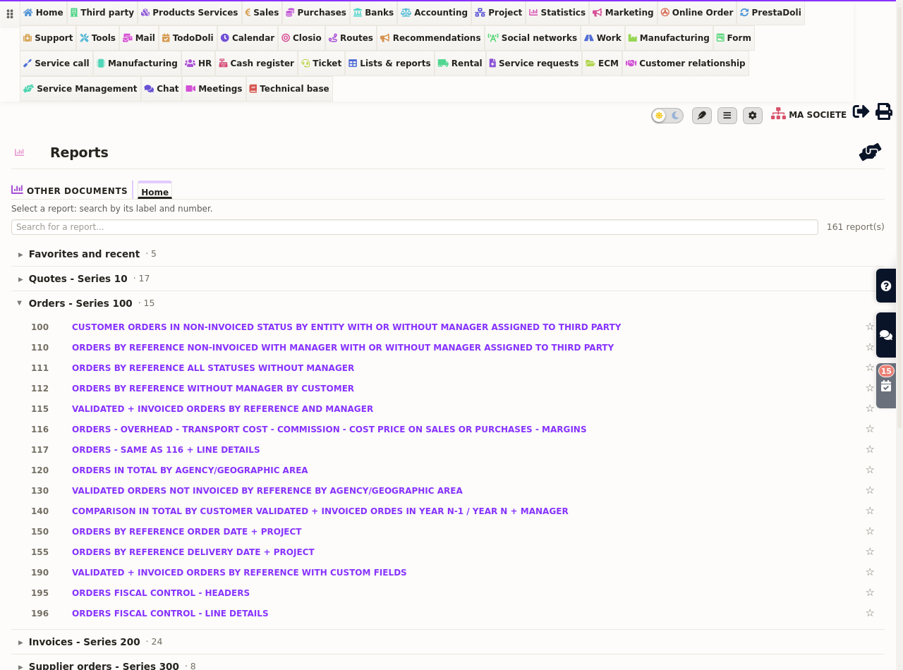 Ready-made business reports: one series expanded, each report with a plain-language label