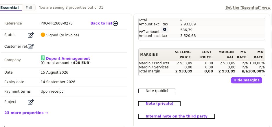 Customizable ERP interface: a quotation showing 8 properties out of 31, the others counted one click away