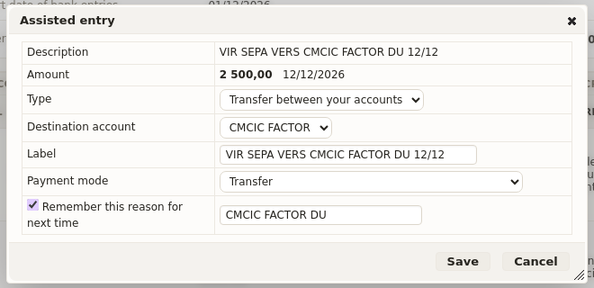 bank reconciliation software: recording a transfer between your own accounts from the statement line in DoliPlus