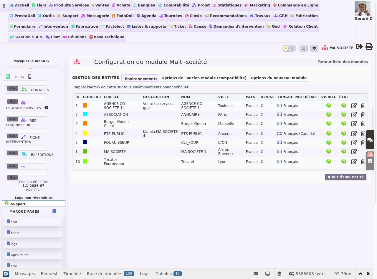 Gestion multi-soci&eacute;t&eacute;s dans DoliPlus : liste des entit&eacute;s