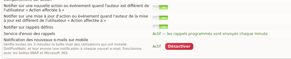 Notifications des événements DoliPlus : activer la notification des nouveaux e-mails sur mobile