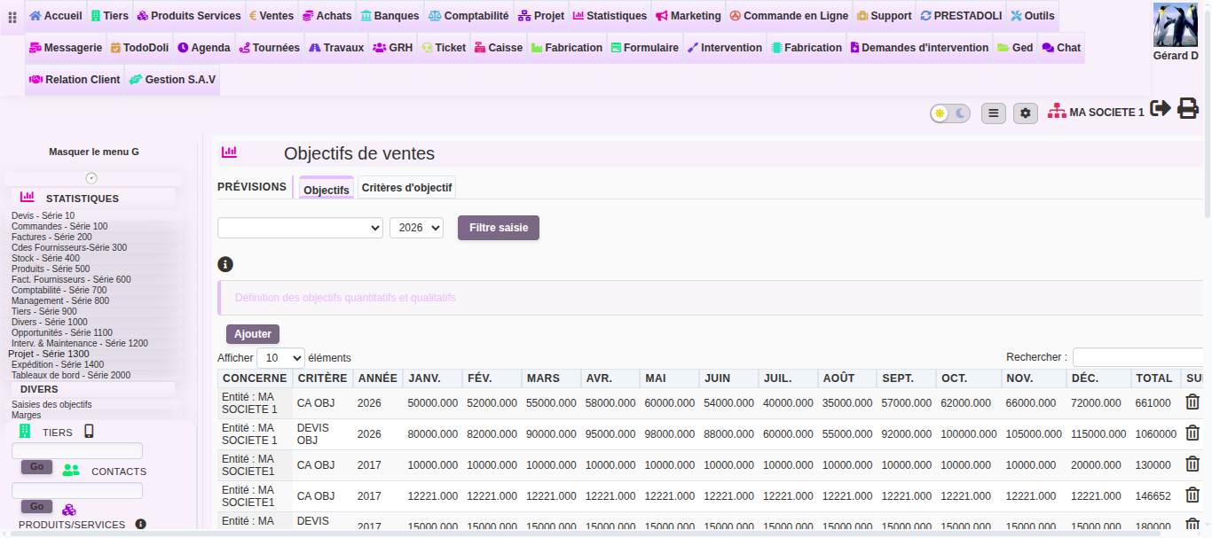 Saisie des objectifs de vente : tableau annuel par commercial et crit&egrave;re dans DoliPlus