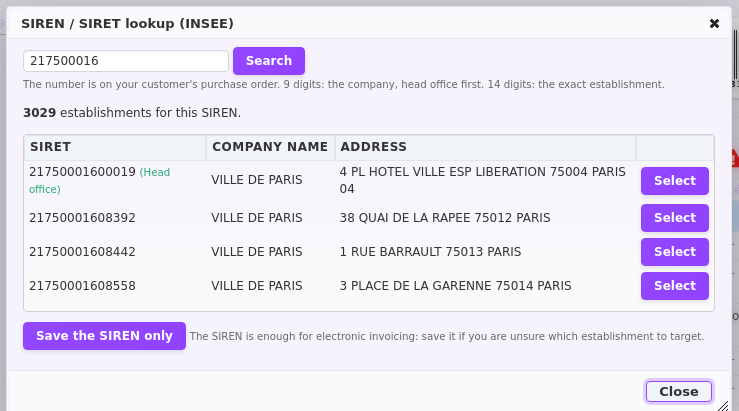 SIRET number lookup in DoliPlus: the head office listed first