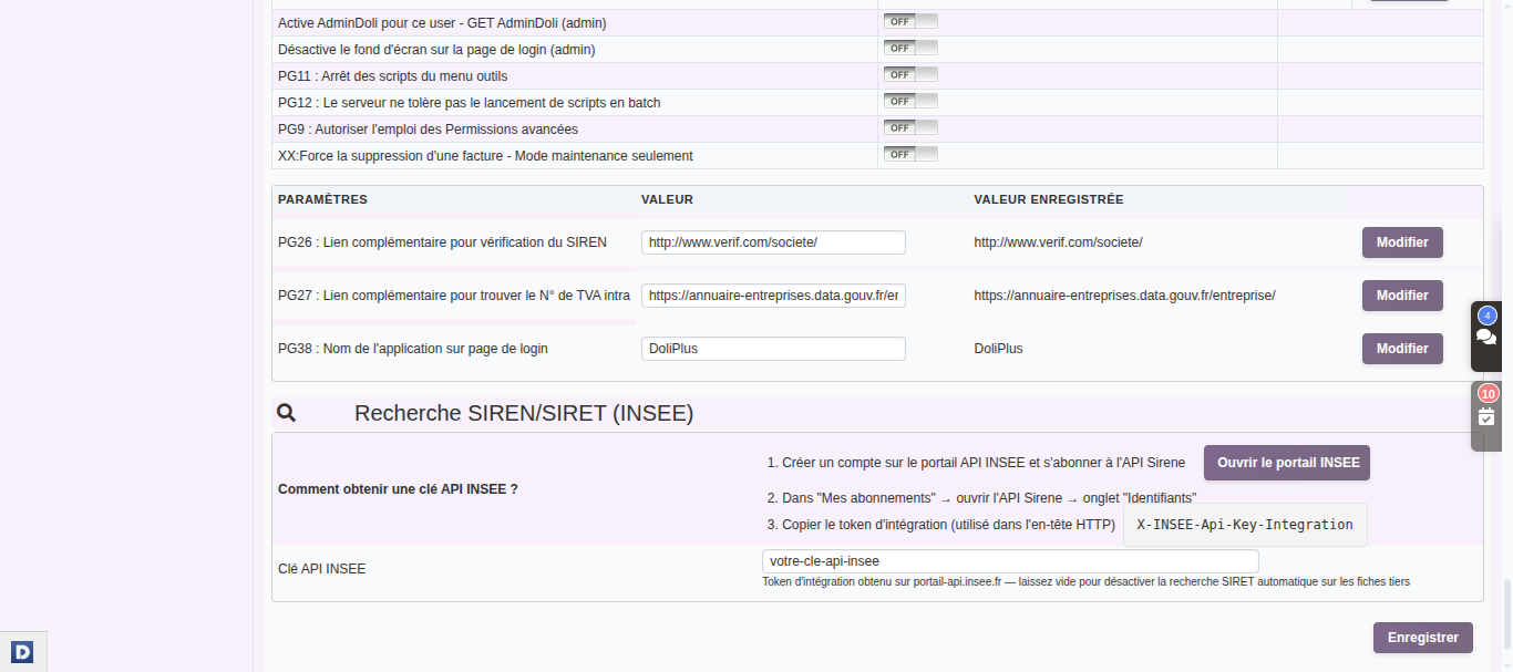 Recherche SIREN SIRET dans DoliPlus : section de configuration de la cl&eacute; API INSEE