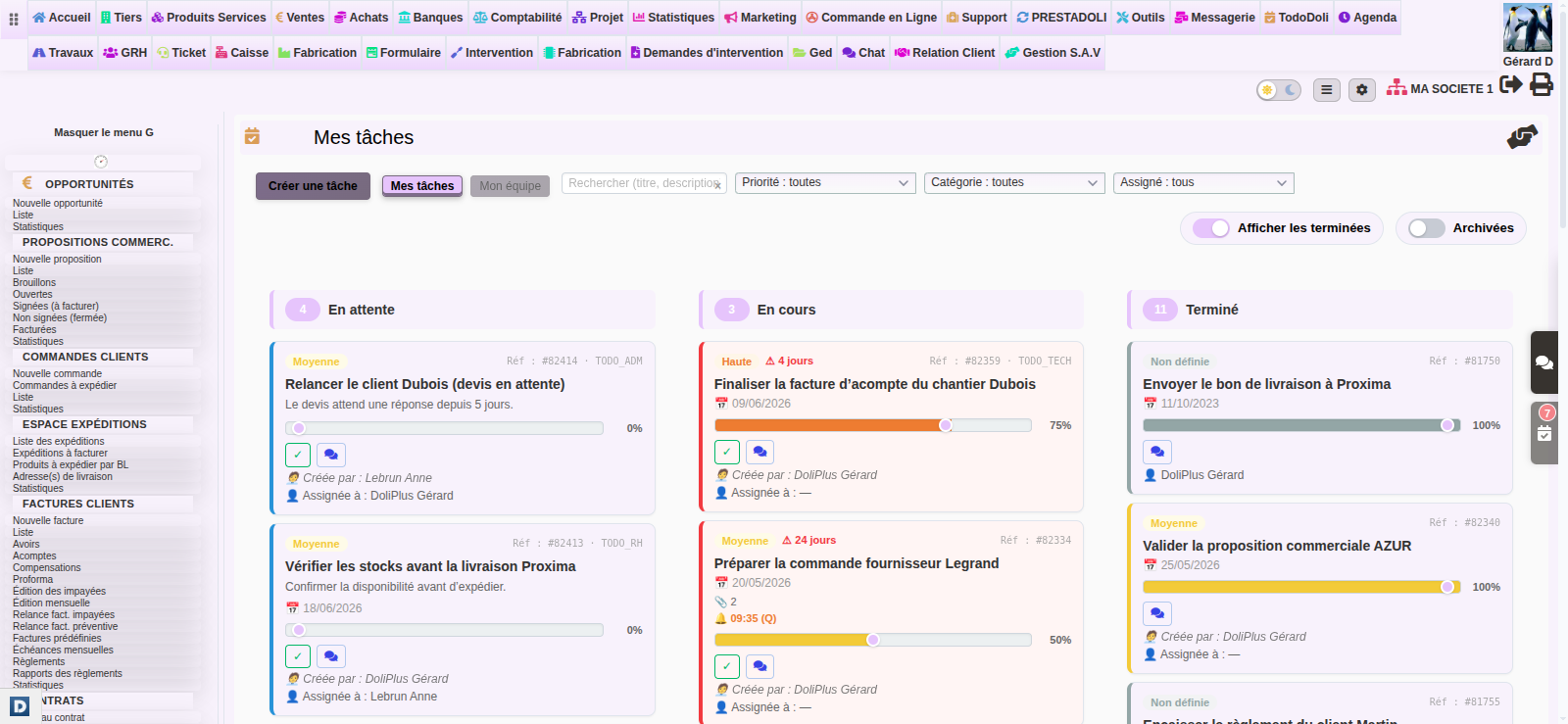 Gestion des t&acirc;ches DoliPlus : filtres et tableau Kanban du module TodoDoli